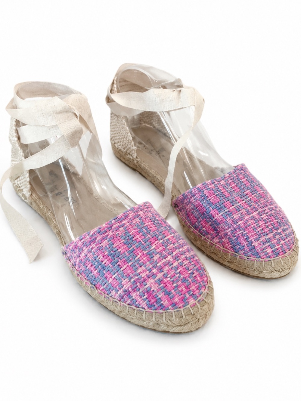 Manebí Valencia Lace Up Espadrilles EU 39 Pink Blue Raffia Flats NWOT